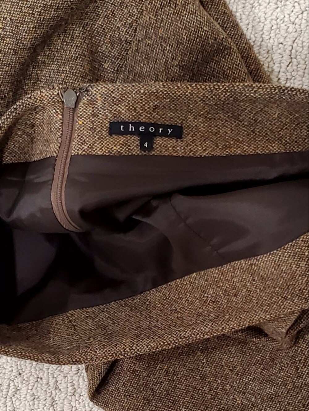 Theory Brown Fleck Donegal Tweed 98% Wool Midi ALine Skirt Pockets Sz 4 LIKE NEW - Picture 4 of 16